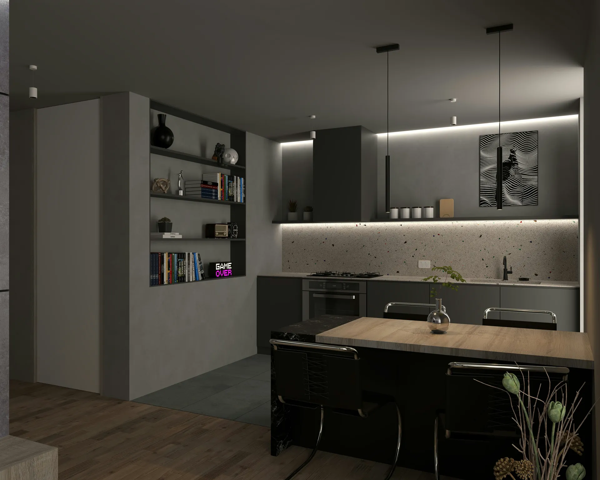 A stunning modern kitchen with an architectural blueprint overlay, representing the planning of a remodeling project.