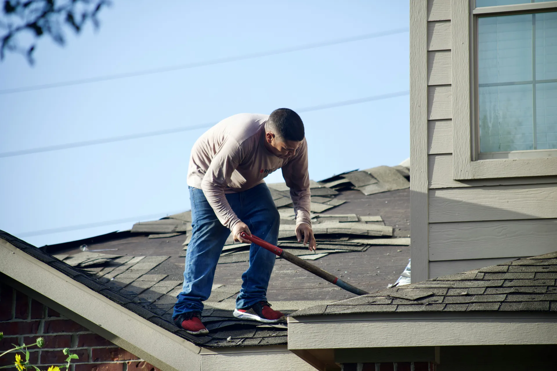 A professional technician carefully soft washing a residential roof in a San Jose neighborhood, with clean and dirty sections visible.
